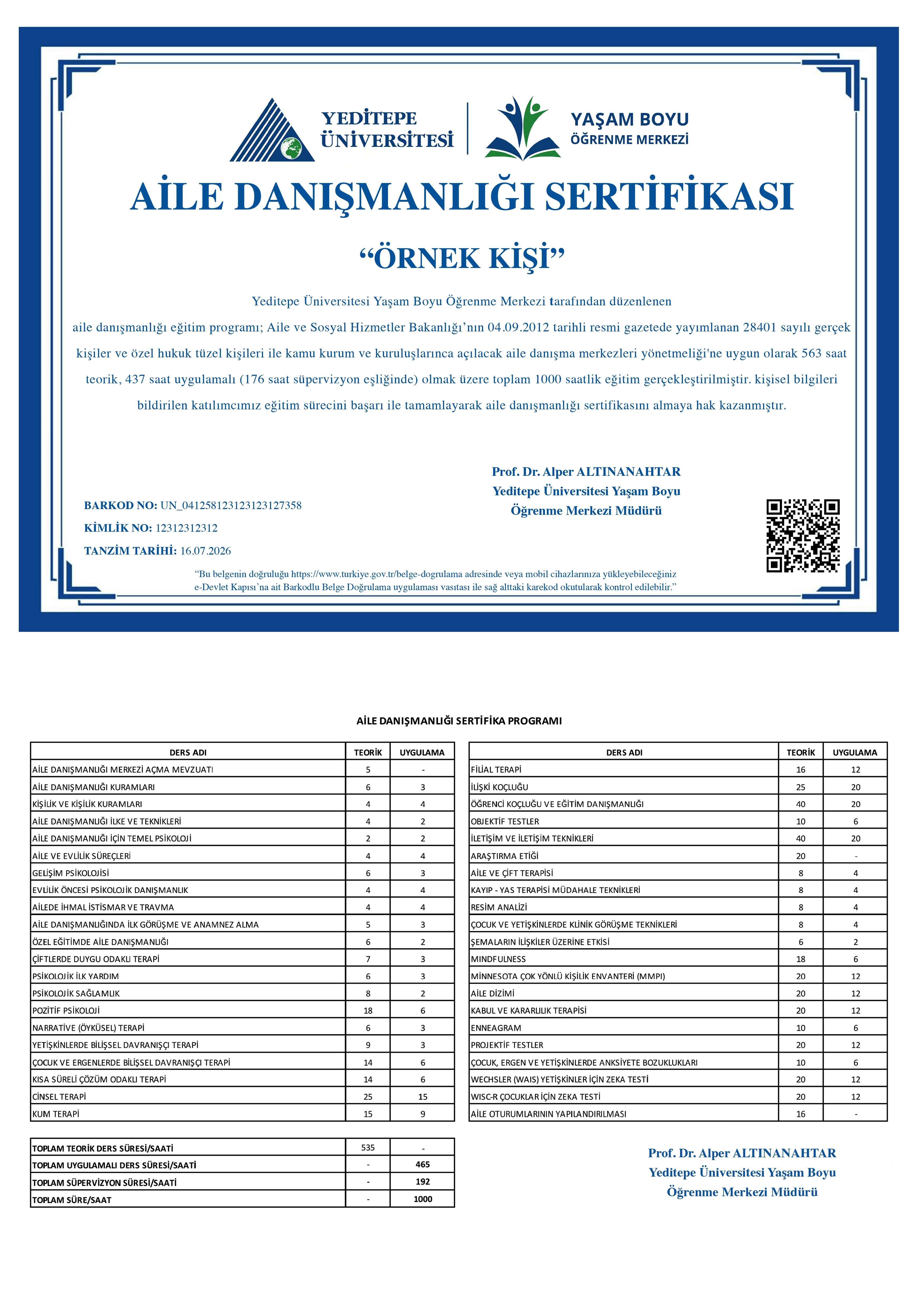 Aile danismanligi sertifika ornegi